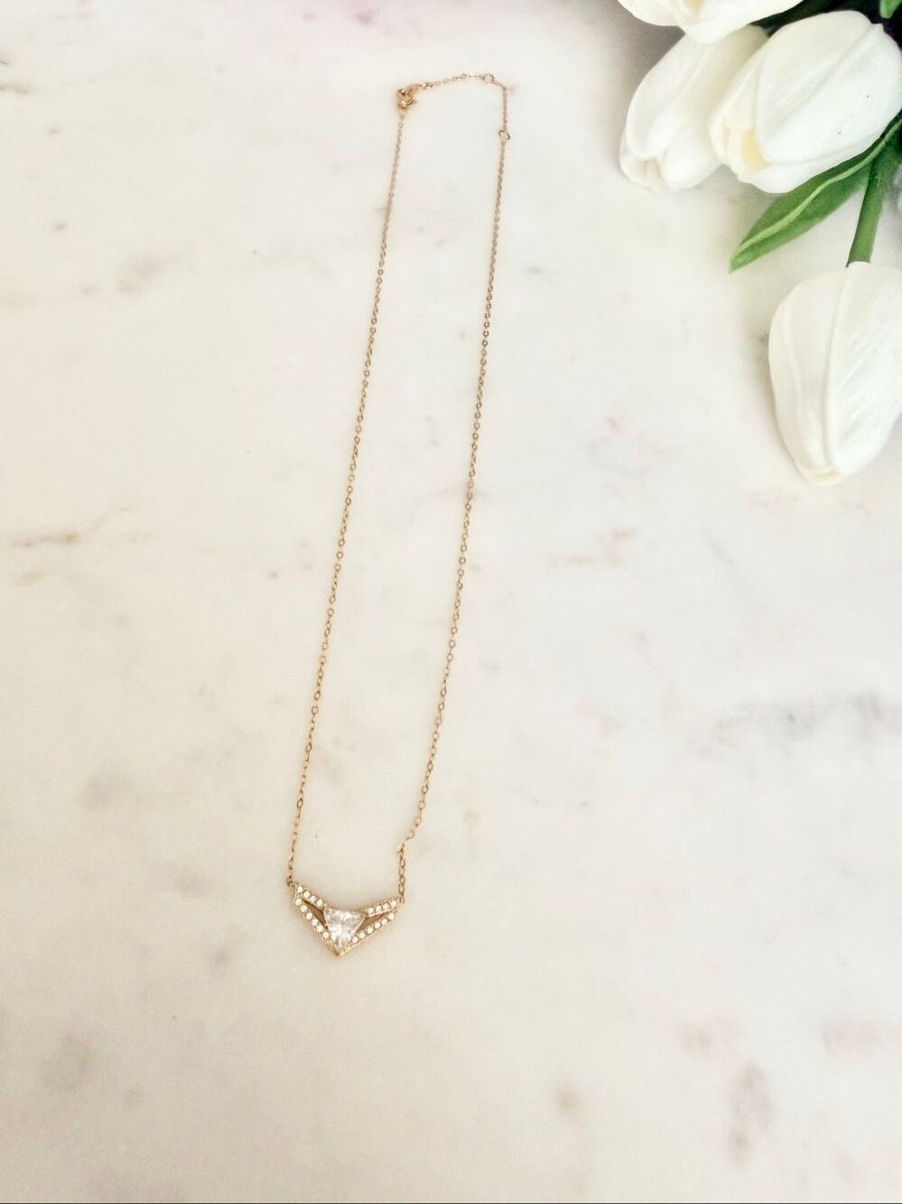 Nadri Gold Tone Crystal Triangle Pendant Necklace Statement Jewelry